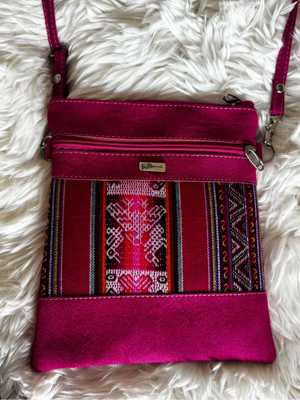 Peruvian Connection Fuchsia Crossbody Bag with Woven Textile Panel